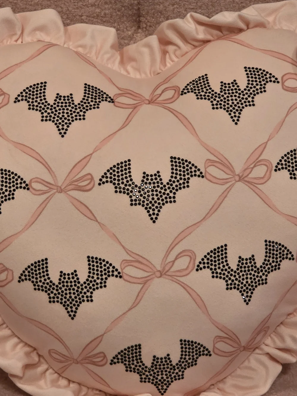 Coquette Heart Shaped With Ruffles Pink Bat Pillow
